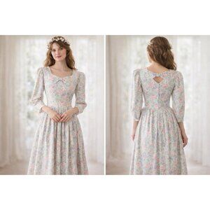 Vintage Floral Bow Dress Cottagecore Rose Tea Dress 80s Granny Victorian MEDIUM